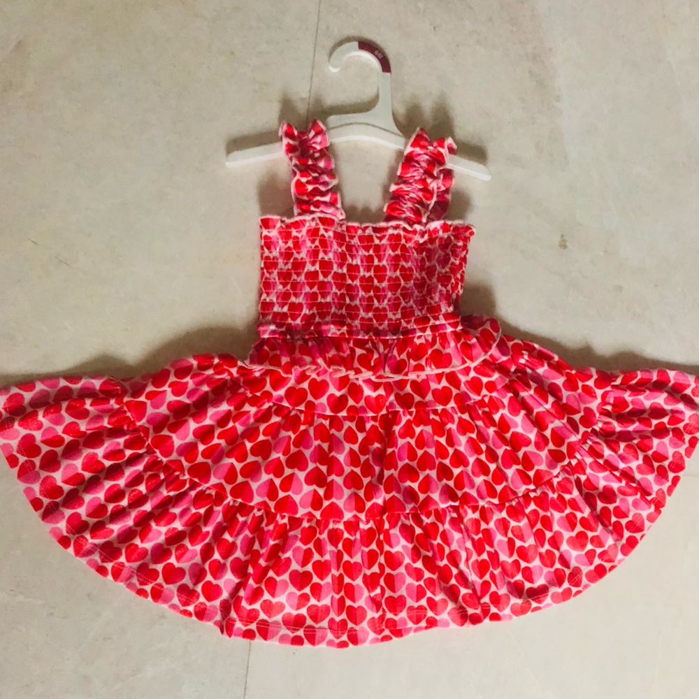 Girls Heart Print Ruffled Smocked Sundress - Red & Pink. Size 2T